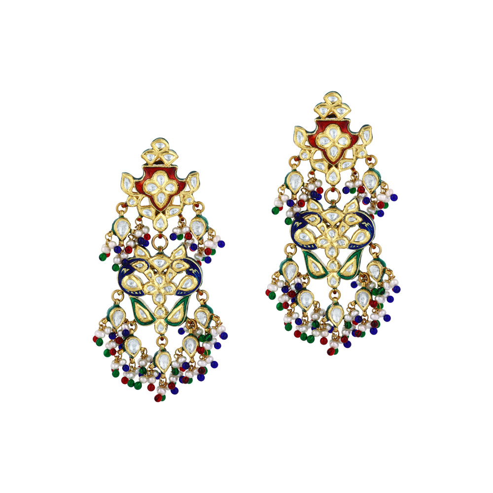 Polki Earrings with Multicoloured Enamel, Beads and Pearls